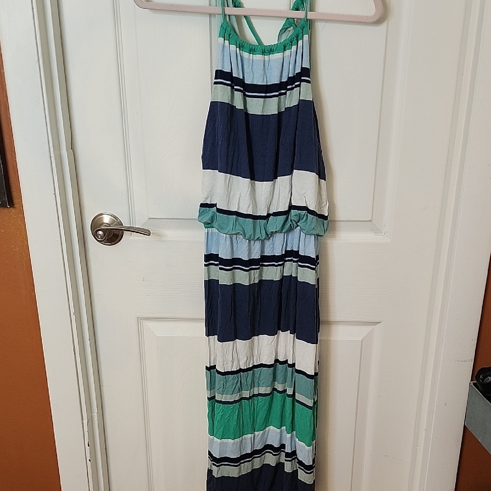 LOFT Blue and Green Jumpsuit with Striking Stripes
